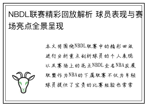 NBDL联赛精彩回放解析 球员表现与赛场亮点全景呈现