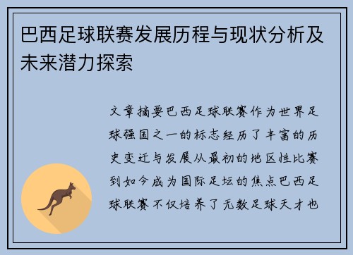 巴西足球联赛发展历程与现状分析及未来潜力探索