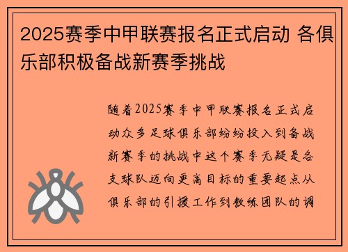 2025赛季中甲联赛报名正式启动 各俱乐部积极备战新赛季挑战
