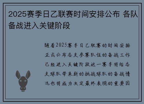 2025赛季日乙联赛时间安排公布 各队备战进入关键阶段