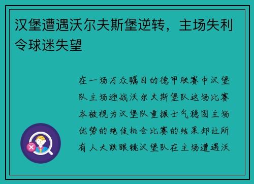 汉堡遭遇沃尔夫斯堡逆转，主场失利令球迷失望